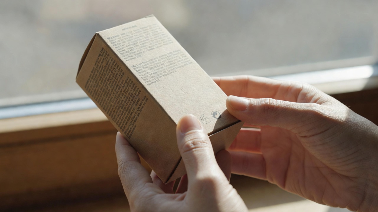 Adult holding a cosmetic carton up to window light to inspect the INCI ingredient block and PAO jar icon