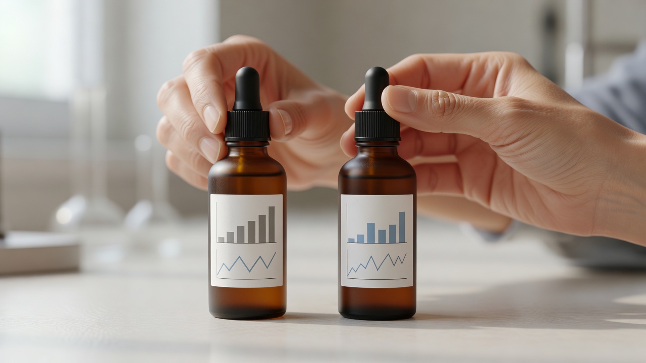 Adult holding two amber dropper bottles side by side to compare active ingredient concentrations and pH notes