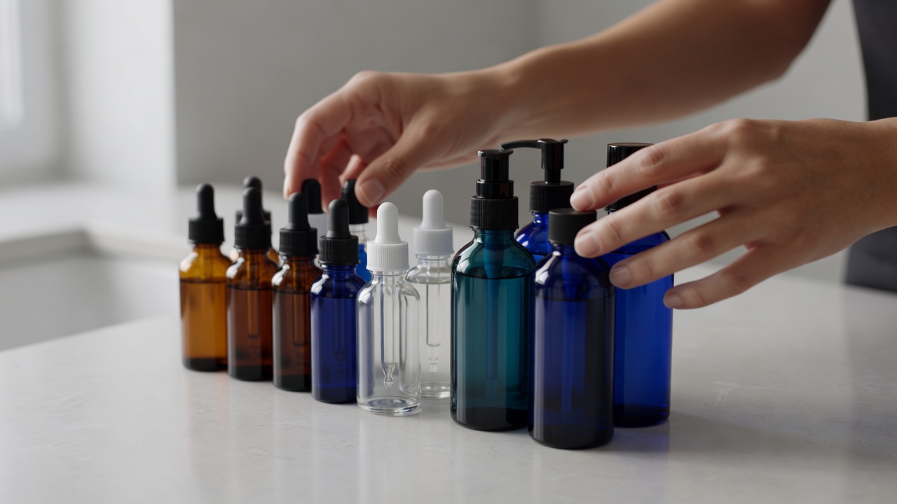 Hands sorting glass dropper serums and toner bottles on a neutral counter in natural daylight