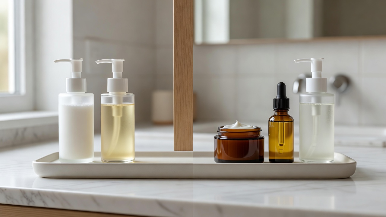 Organized bathroom tray dividing morning sunscreen and vitamin C from evening cleanser, retinoid, and rich barrier cream